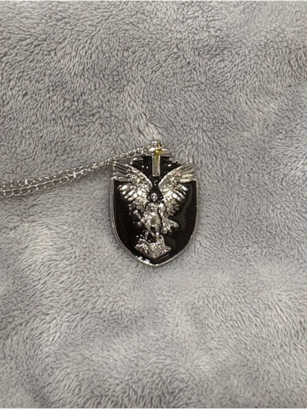 Silver Angel Shield Pendant Necklace with Black Enamel